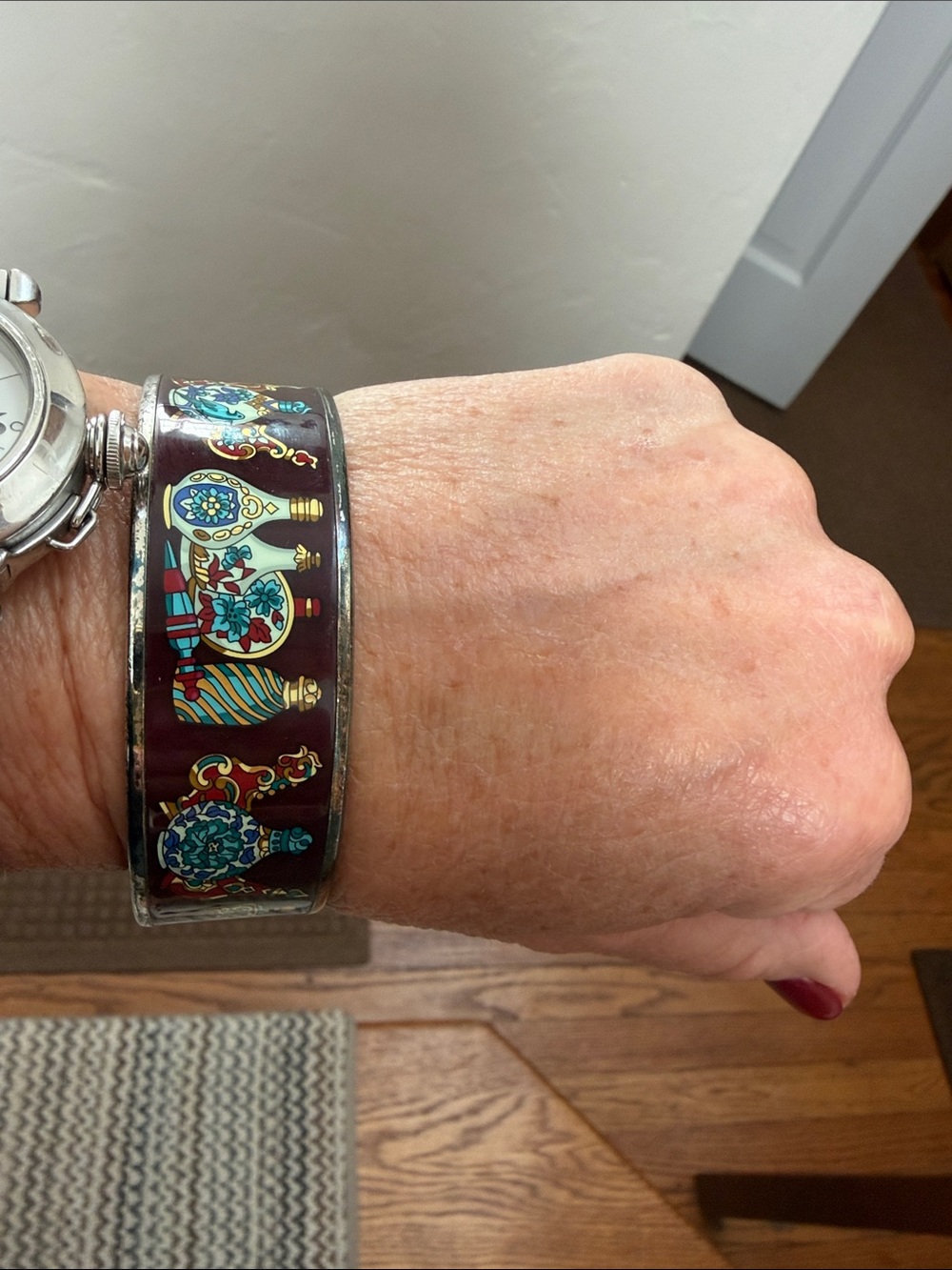 💯 Authentic Hermes Multicolor Enamel Bangle with Perfume Bottle Motif
